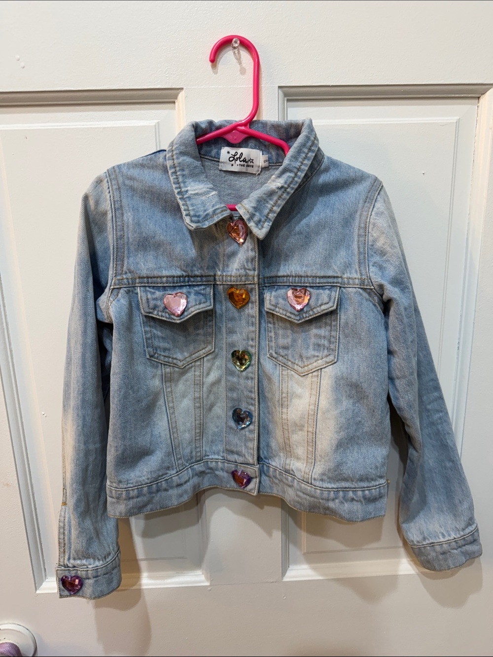 Lola and The Boys Light Blue Denim Jacket with Multicolor Heart Gems Unicorn